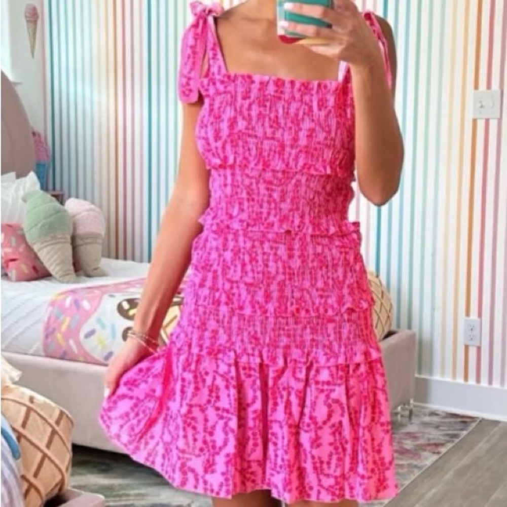 Pink Smocked Dress with Bow Straps